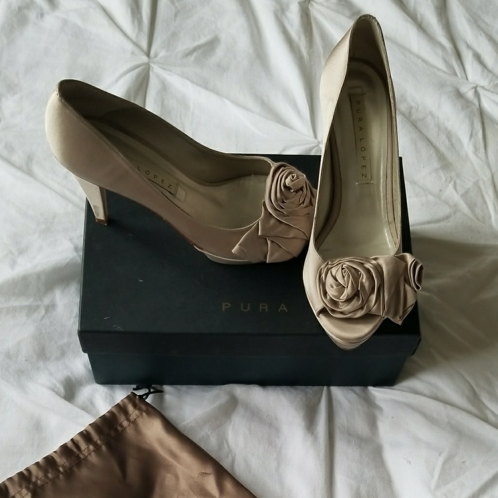 Pura Lopez Satin Rosette Platform Peep Toe Pumps